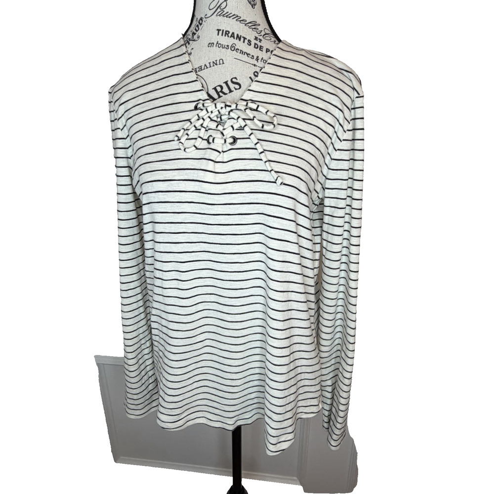 Ruff Hewn Women’s Long Sleeve Shirt Lace Up Neckline Med Ivory Black Stripes